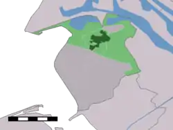 The town centre (dark green) and the statistical district (light green) of Oostvoorne in the former municipality of Westvoorne.