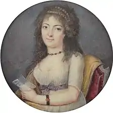 Lady with letter, between 1794-1799, miniature, watercolor on ivoire, diamèter 6.6&nbsp;cm
