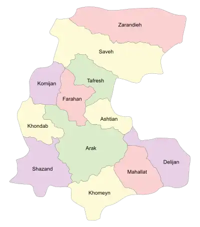 Location of Delijan County in Markazi province (bottom right, purple)