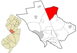 Location of Princeton Township and Borough in Mercer County highlighted in red (right). Inset map: Location of Mercer County in New Jersey highlighted in orange (left).
