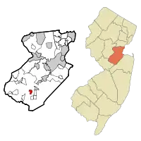 Map of Rossmoor highlighted within Middlesex County. Right: Location of Middlesex County in New Jersey.