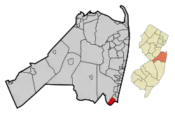 Location of Brielle in Monmouth County highlighted in red (left). Inset map: Location of Monmouth County in New Jersey highlighted in orange (right).
