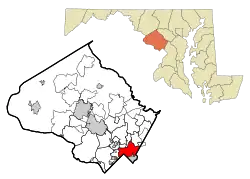 Location of Silver Spring in Montgomery County, Maryland (left) and of Montgomery County in Maryland (right)