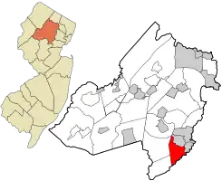 Location of Chatham Township in Morris County highlighted in red (right). Inset map: Location of Morris County in New Jersey highlighted in orange (left).