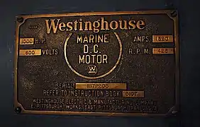 Builder's plate for one Fire Fighter's Westinghouse Electric motors