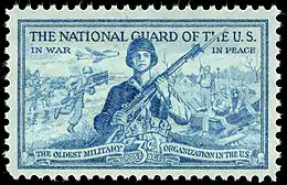 National Guard 3-cent 1953 issue U.S. stamp. The National Guard of the US – In War – In Peace – The Oldest Military Organization in the US.