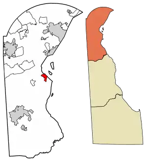 Location of Delaware City in New Castle County, Delaware.