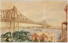 Watercolour drawing of the bridge design looking South East from North Sydney towards Circular Quay, with houses in the foreground and a steamship passing under the main span of the iron-lattice bridge with two pylons to illustrate the large scale.