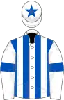 White and royal blue stripes, royal blue armlet, royal blue star on cap