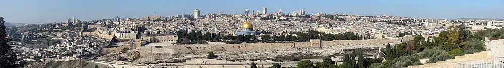 Panorama of the Temple Mount, including Jami Al-Aqsa and Dome of the Rock, from the Mount of Olives