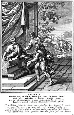 The parable of the talents (as depicted in this 1712 woodcut) is often cited in support of prosperity theology
