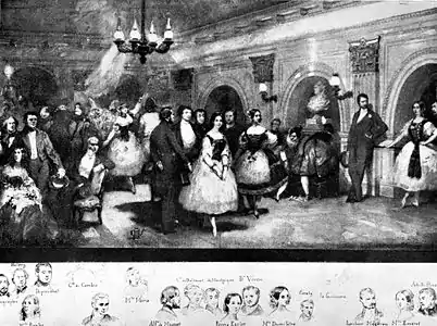 Lithograph depicting many famous dancers and their patrons in the Foyer&nbsp;de&nbsp;la&nbsp;Danse (1841)