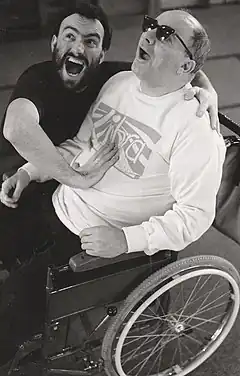 Paul Newham working with a member of Libra Theatre – a troupe comprising people with disabilities.