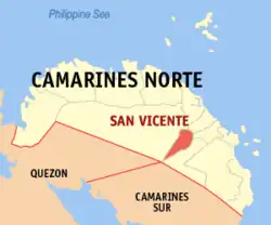 Map of Camarines Norte with San Vicente highlighted