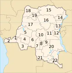 Provinces of the DRC in 1964. 17 - Cuvette-Centrale. 18 - Ubangi. 19 - Moyen-Congo