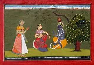 Radha and Krishna in Discussion, (An illustration from Gita Govinda) Gouache on paper (c. 1730).