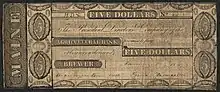 5 dollar banknote inscribed "Five Dollars; Agricultural Bank; Brewer; Maine"