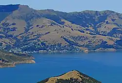 Remote view of Takapūneke(to the right of Akaroa residences)