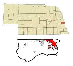 Location of Bellevue within Nebraska and Sarpy County