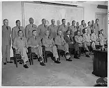 Army commanders in the United States and certain overseas commanders meet with Secretary of the Army Frank Pace and General J. Lawton Collins, Army Chief of Staff, in the Pentagon in routine sessions, June 5, 1952. Major General Leland Hobbs is stood fourth from the right, between Lieutenant General Maxwell D. Taylor (left) and Major General Albert C. Smith (right).