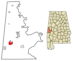 Location of York in Sumter County, Alabama.