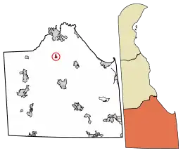 Location of Ellendale in Sussex County, Delaware (left) and of Sussex County in Delaware (right)