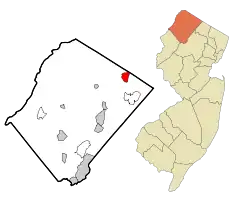 Map of Vernon Valley highlighted within Sussex County. Right: Location of Sussex County highlighted within New Jersey.