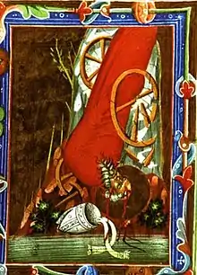 A bishop falling from a cart running from a hill towards a river.