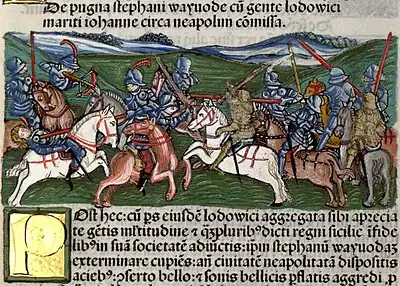 Chronica Hungarorum, Thuróczy chronicle, Stephen Lackfi, Louis of Taranto, Queen Joanna of Naples, campaign, battle, Hungary, Naples, fight, armored soldiers, cavalry, medieval, Hungarian chronicle, book, illustration, history