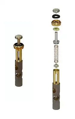 Image 5Piston valvePhoto: Guillaume PiolleThe anatomy of a Périnet piston valve, this one taken from a B♭ trumpet. When depressed, the valve diverts the air stream through additional tubing, thus lengthening the instrument and lowering the harmonic series on which the instrument is vibrating (i.e., it lowers the pitch). Trumpets generally use three valves, with some variations, such as a piccolo trumpet, having four. When used singly or in combination, the valves make the instrument fully chromatic, or capable of playing all twelve pitches of classical music. Trumpets may also use rotary valves instead.More selected pictures