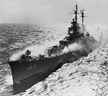 Worcester testing her anti-nuclear radiation wash down system on 7 July 1954