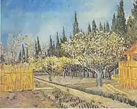 Orchard in Blossom, Bordered by Cypresses April, 1888Kröller-Müller Museum, Otterlo (F513)