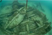 Overhead view of a submerged ship's bow area.