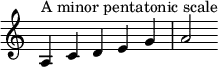 {
\override Score.TimeSignature #'stencil = ##f
\relative c' {
\clef treble \key c \major \time 5/4
a4^\markup { "A minor pentatonic scale" } c d e g a2
} }