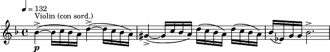 \relative c'' { \clef treble \time 4/4 \key d \minor \tempo 4 = 132 bes\p->~(^"Violin (con sord.)" bes16 c bes a) d4->~( d16 c bes a) | gis4->~( gis16 c bes a) d( c bes a) d( c bes a) | bes( ees,) g g bes2.-> }