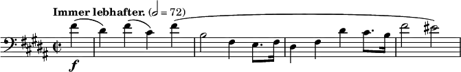 \new Staff \relative c' {
\clef bass \time 2/2 \key b \major \tempo "Immer lebhafter." 2=72 \partial 4 \set Staff.midiInstrument = #"cello"
fis4-\f(dis) fis(cis) fis(b,2 fis4 e8. fis16 dis4 fis dis' cis8. b16 fis'2 eis)
}