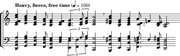 { \new ChoirStaff <<
\new Staff \with { \remove "Time_signature_engraver" } <<
\new Voice { \set Voice.midiInstrument = #"trumpet" \tempo "Heavy, fierce, free time" 4 = 100 \stemUp \clef treble \time 33/8
<c' e' f' c'' e''>4
<d' g' b' d''>
<c' e' a' c''>
<c' f' a'>8
<b e' g'>4
<c' e' f'>
\times 2/3 {
<b d' g'>4.
<c' e' a'>8
<d' f' b'>4}
<c' e' g' c''>2
\breathe
<d' fis' b' d''>4
<b e' g'>
<c' e' g' b'>
a'8
f'4
<b d' e'>8
<a c' d'>2
}
\new Voice { \stemDown
s1 s s s8. <c' d'>4. s2 s8
}
\new Staff \with { \remove "Time_signature_engraver" } <<
\new Voice { \set Voice.midiInstrument = #"trombone" \stemUp \clef bass \time 33/8
<d, a, d a>4
<g, d g b>
<a, e a>
<f, c f a>8
<e, b, e g>4
<d f a>
\times 2/3 {
g4.
a8
b4}
<c, c g>2
\breathe
<b,, b, fis b>4
<e, e g>
<c, c g b>
a8
f4
<e, b, e gis>8
<d, a, d f>2
}
\new Voice { \stemDown \clef bass \time 17/4
s1 s4.
\times 2/3 {
<e, e>4
<f, f>
<g, g>}
s1 s4
<f, c f>4.
s2 s8
}
>> >> >> }