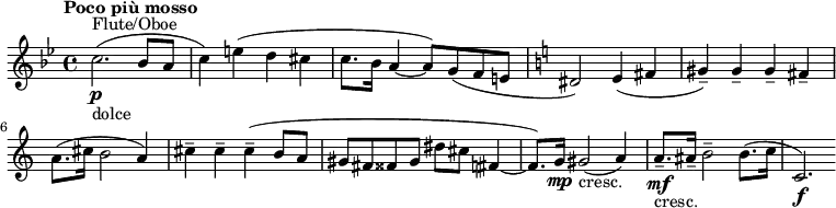 \relative c'' { \clef treble \time 4/4 \key bes \major \tempo "Poco più mosso" c2.(\p^"Flute/Oboe"_"dolce" bes8 a | c4) e( d cis | c8. bes16 a4~ a8) g( f e | \key c \major dis2) e4( fis | gis--) gis-- gis-- fis-- | a8.( cis16 b2 a4) | cis-- cis-- cis--( b8 a | gis fis fisis gis dis' cis fis,4~ | fis8.) g16\mp gis2(_"cresc." a4) | a8.--\mf_"cresc." ais16-- b2-- b8.( c16 | c,2.\f) }