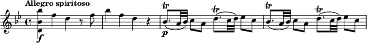 \relative c''' {
\override Score.NonMusicalPaperColumn #'line-break-permission = ##f
\tempo "Allegro spiritoso"
\key bes \major
<bes bes, d,>4\f f d r8 f |
bes4 f d r |
bes8.\trill\p( a32 bes) c8 a d8.\trill( c32 d) es8 c |
bes8.\trill( a32 bes) c8 a d8.\trill( c32 d) es8 c |
}